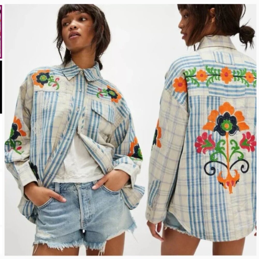 Free People NWT Sashiko Oversized Embroidered Button-Up Shirt (XS)